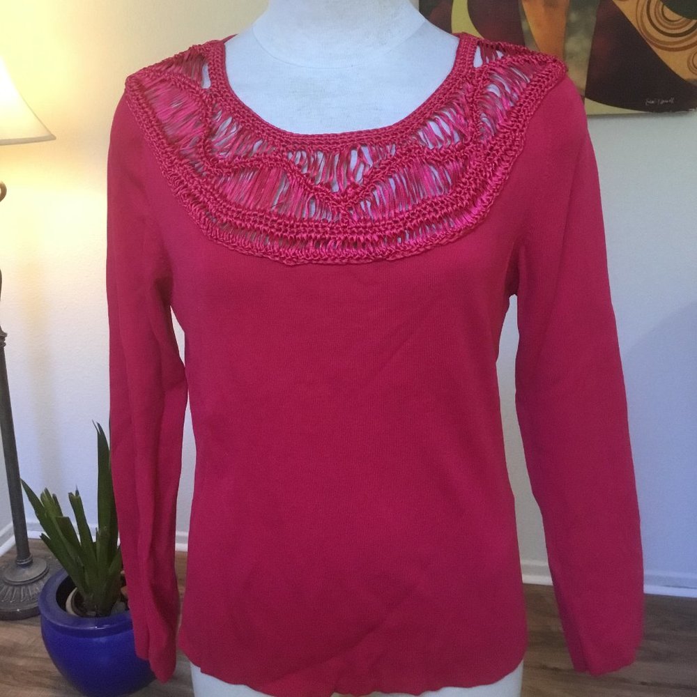 KENNETH MILLER Casual Sweater Pullover Long Sleeve Embroidery Neckline Fuchsia M
